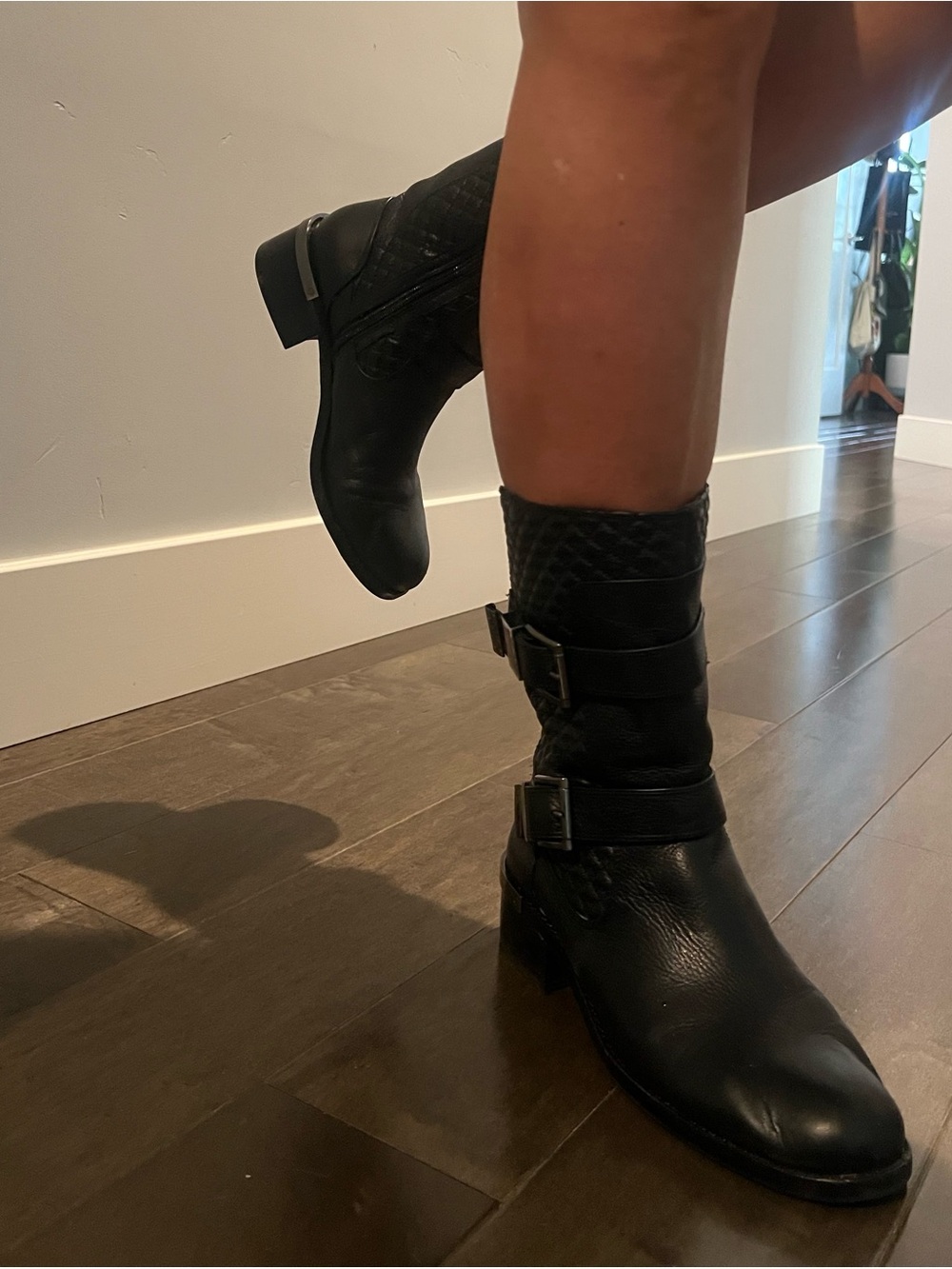 Vince Camuto Black Quilted Mid-Calf Leather Buckle Boots